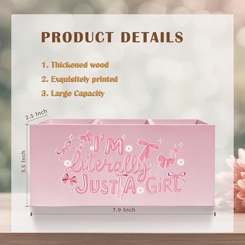 I'm Literally Just A Girl Makeup Brush Toothbrush Holder, Trendy Pink Coquette Bow Wooden Pen Pencil Holder Organizer for Dorm Bedroom Desk Accessories, Back to School Gifts for Girls - color: Color-Desk accessories pink 17