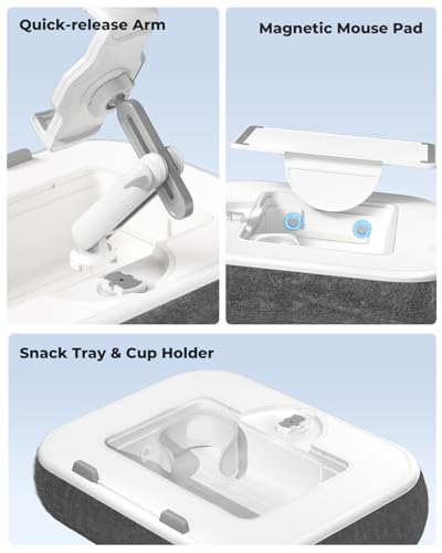Viozon Kindle Pillow Stand Holder, Phone Holder for Bed, Laptop Lap Desk with Mouse Pad,Compatible with 4.7-13" Kindle/Tablet/Phone,10-15" Laptop, Snack Bowl&Cup Attachment&Detachable 360°Stand Arm - color: White/Grey