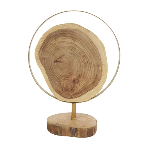 Deco 79 Wood Abstract Handmade Decorative Sculpture Live Edge Slab Home Decor Statues with Gold Metal Rings, Set of 2 Accent Figurines 14", 11"H, Brown - size: 14", 11"H