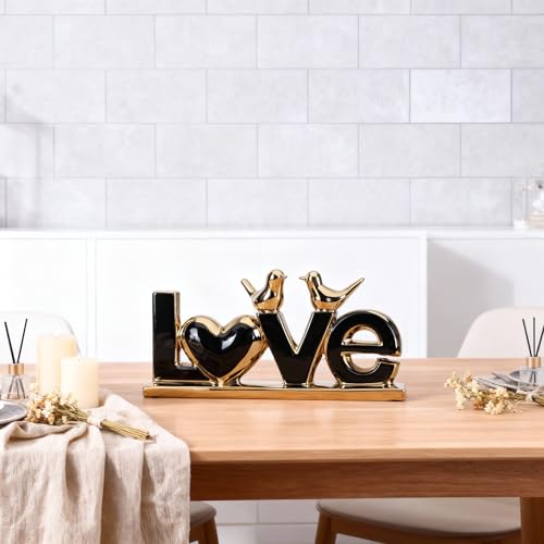 DOVDOV Black and Gold Ceramic Love Sign Sculpture with Heart and Bird Statues, Modern Home Decor Accents for Living Room Coffee Table, TV Stand, Entryway and Shelf, Wedding or Housewarming Gift - color: Bg