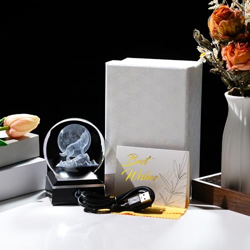 Qianwei Wolf Gifts: 3D Crystal Ball - 3.14'' Laser Decor Glass Animals Figurines Statue & Night Light - style: Wolf Moon