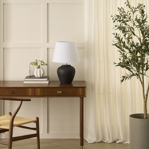 Nourison Home 20" Black Matte Ceramic Table Lamp with Fabric Shade, Bedside Nightstand Lamp for Bedroom, Living Room, Entryway - color: Black