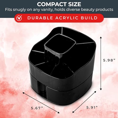 Masirs 360° Rotating Makeup Organizer for Vanity – Small Acrylic Cosmetic Storage Caddy with 5 Compartments, Mini Lazy Susan Turntable for Bathroom Counter, Skincare, Perfume, Brushes, Black - color: Square Black