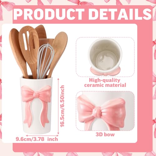 LemonRoad Pink Bow Ceramic Utensil Holder 3D Coquette Handmade Pink Kitchen Decor Mothers Day Kitchen Gifts Cooking Utensil Crock with Scalloped Preppy Caddy Pen Holder Vase for Countertop Spoon - color: Pink, style: Preppy Bow