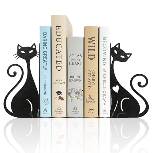 Atomic Cat Metal Bookends Set of 2 Cute Book Ends for Shelves Bookshelf Decorative Objects Home Office Desk Bookshelf Decor Gift for Cat Lovers and Reading Enthusiasts (Black) - color: Black Atomic Cat