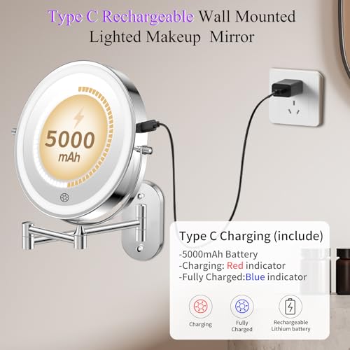 FUNTOUCH Rechargeable Wall Mounted Makeup Mirror with Lights,5000mAh Double Sided 3X/20X Magnifying,3 Color Lights,Touch Dimmable, Extended Arm 360 Rotation Lighted Bathroom Mirror with Magnification - color: Chrome