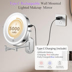FUNTOUCH Rechargeable Wall Mounted Makeup Mirror with Lights,5000mAh Double Sided 3X/20X Magnifying,3 Color Lights,Touch Dimmable, Extended Arm 360 Rotation Lighted Bathroom Mirror with Magnification - color: Chrome
