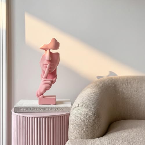 Velvet Flocked Thinker Sculpture for Bookshelf Decor, Flocked Mask Collectible Figurines Modern Abstract Art Statue Spring Decor for Home, Office, Desk Decor (Pink) - color: Nospeak-pink