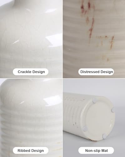 White Ceramic Vase Set of 3 – Ribbed Texture Crackle Glaze Bottle Vases for Rustic Farmhouse Table Centerpiece, Shelf & Mantel Decor - color: White02