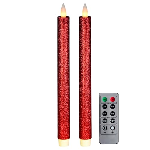 Flameless Taper Candles Flickering with Remote and Timer, 3D Moving Flame Taper Candle Battery Operated to 400 Hours, 9 Inch Window Candles, (Glittter Red) - color: Glittter Red
