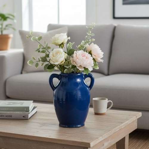 Sunddo Blue Ceramic Vase for Pampas Grass, 8 Inch Modern Decorative Vase with 2 Handles, Blue Centerpiece for Living Room Dining Entryway Living Table Farmhouse Office Decor - color: Blue, size: 8 Inch