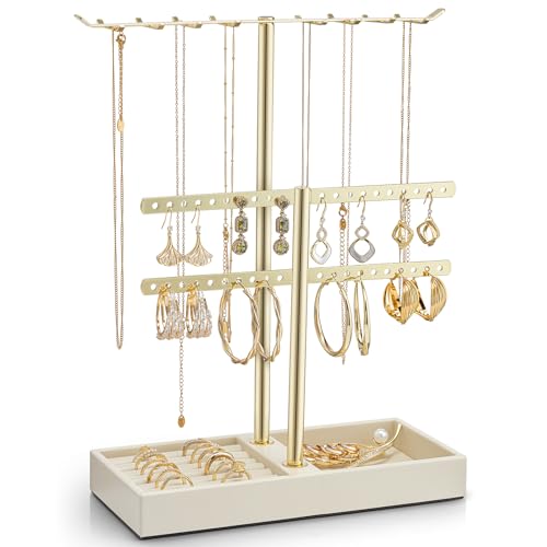 VLANDO 2 Tier Jewelry Stand Organizer with Tary, Leather Jewelry Holder Display for Women, Gold Jewlery Holder Stand for Necklace, Earring, Bracelet, Rings - Cloud White - color: B. Cloud White, size: 2-Layer