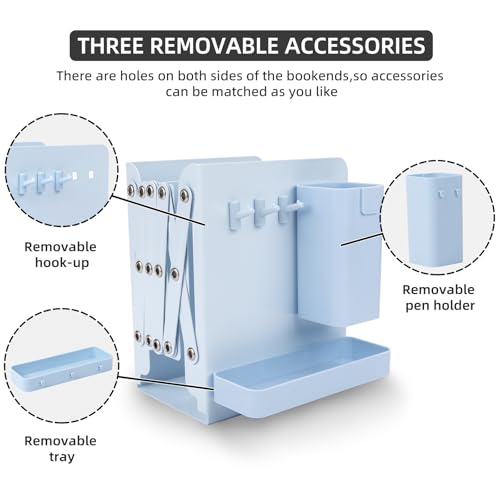 Adjustable Bookends, 19" Metal Book Ends for Heavy Books, 2 Dividers Bookends with Removable Pen Holder, Tray, and 3 Hook-up, Book Organizer for Office, School, Bookstore, Home - color: Blue
