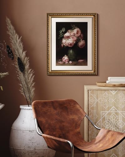 HUARCEY Vintage Rose Flower Gold Framed Canvas Wall Art 13x16 Inch, Classic Floral Vase Still Life Dark Oil Painting Print, Traditional Elegant Living Room Bedroom Kitchen Home Decor - color: Eight Pink Roses, size: 16"L x 13"W