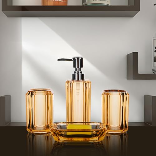 4-Piece Elegant Champagne Gold Bathroom Accessories Set — Soap Dispenser, Soap Dish, Mouthwash Cup & Toothbrush Holder, Glossy Acrylic with Champagne Accent, Vanity Countertop Organizer - color: Champagne Gold