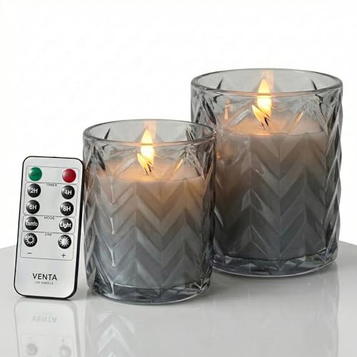 VENTA LED Candles 2 Pack - Grey Hobnail Glass Flameless Candles with Remote and Timer - Realistic Flickering Battery Operated Pillars - Vintage Diamond Texture for Home Decor (Grey Hobnail Glass) - color: Glass Transparent Ribbed