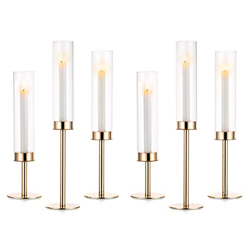 Nuptio Glass Hurricane Candle Holder: Set of 6 Gold Candlestick Holders - Long Stem Taper Candleholders for Christmas Tabletop Centerpiece Fireplace Decor Cylinder Candle Stand Windproof 14" 16" 18" - size: 14 & 16 & 18 in