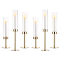 Nuptio Glass Hurricane Candle Holder: Set of 6 Gold Candlestick Holders - Long Stem Taper Candleholders for Christmas Tabletop Centerpiece Fireplace Decor Cylinder Candle Stand Windproof 14" 16" 18" - size: 14 & 16 & 18 in