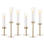 Nuptio Glass Hurricane Candle Holder: Set of 6 Gold Candlestick Holders - Long Stem Taper Candleholders for Christmas Tabletop Centerpiece Fireplace Decor Cylinder Candle Stand Windproof 14" 16" 18" - size: 14 & 16 & 18 in