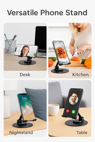 Uncaged Ergonomics 360° Swivel Rotating Adjustable Phone Stand for Desk, Portable & Foldable Cell Phone Stand for Desk, Compact Mobile Stand for Tabletop, Office, Kitchen & Bedroom (Black) - color: Black