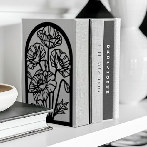 Peacoblue Metal Bookends for Shelves, Modern Decorative Heavy Duty Study Book Ends Stoppers for Office, Desk, Shelf, Room 5.3"x4.3"x7.9" Cast Iron Simple Tall Bookends 1 Pair (Poppies) - style: Poppies