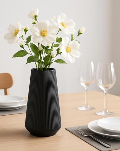 Black Ceramic Vase, 8 Inch Flower Vase for Pampas Grass, Modern Minimalist Ribbed Decorative Vase for Living Room Table, Shelf Decor - color: Matte Black01