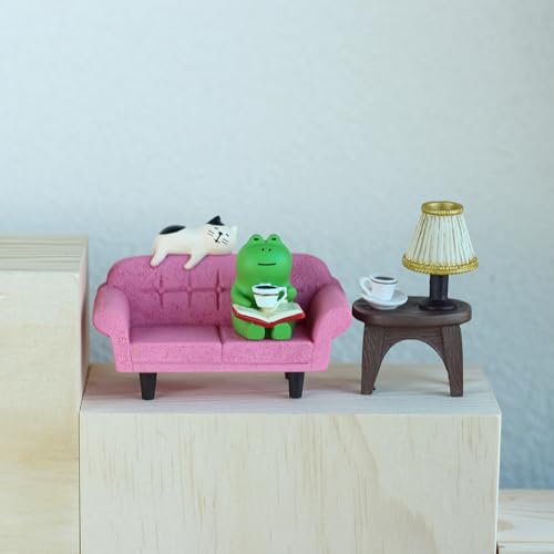 Mevodeata Cute Mini Frog Figurine with Small Sofa and Lamp Table Resin Figure for Office Home Decor for Frog Lovers (Pink Sofa) - color: Long Sofa-pink