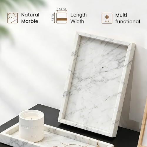 Natural Marble Tray, Stone Tray for Bedroom/Bathroom/Kitchen/Vanity Countertop, Jewelry Tray for Rings Earrings Necklace Bracelet Watch, Room Decor Aesthetic - color: Carrara White, size: 11.8" x 7.9" x 1.2"