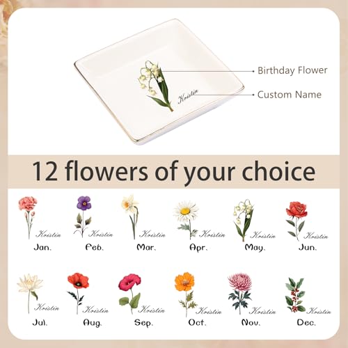 Personalized Birthday Flower Jewelry Tray - Custom Ring Holder Dish with Name for Women Mom Engraved Birth Month Flower Jewelry Tray Gifts for Wife Her Christmas Birthday Anniversary - color: Style 2