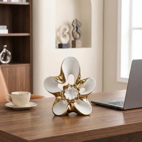 Ceramic Statue Home Decor Aesthetic Abstract Flower Sculpture Modern Decorative Statues for Living Room Bedroom Bookshelf Desktop Dinging Table Centerpiece Office (White and Gold) - color: White and Gold