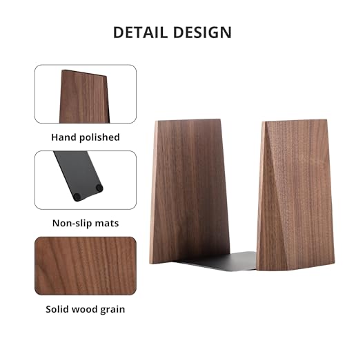 muso wood Book Ends, Handmade Wooden Bookends for Heavy Books, Creative Beveled Bookends for Shelves, Non-Skid Book Ends, Walnut-1Pair