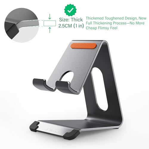 Phone Stand for Desk, Thickened Aluminum Cell Phone Stand & Phone Holder for Desk, Compatible with Tablets, iPhone, iPad, Samsung - Dark Gray - color: dark gray