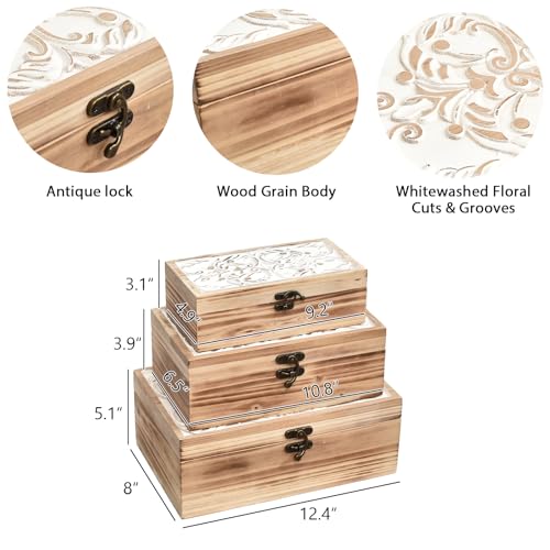 DECOR4SEASON Wooden Box Set of 3 - Rustic Farmhouse Decorative Boxes with Hinged Lid and Carved Design - color: White&Brown, size: S&M&L