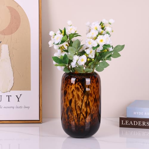 10.3in Amber Vase,Tortoise Shell Decor,Brown Glass,Round Art,Modern Clear Glass Vase,Decorative Bottles for Home Decor,Farmhouse Centerpiece,Wide for Living Room, Kitchen,Office, Dining (L) - size: Large