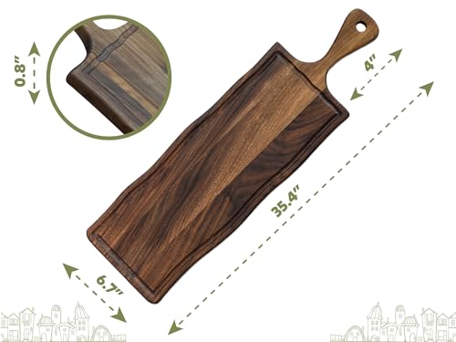 Elegant Walnut Wood Long Serving Board with Handle - Charcuterie Wooden Board - Stylish Versatility for Culinary Delights - Reversible with Juice Groove - 35.4x6.7x0.8 in - Woodie Poppins (Large) - size: 35.4" x 6.7" x 0.8"