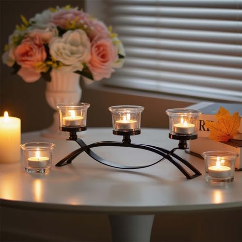 3-Arm Metal Tea Light Candle Holder Set with 5 Glass Cups, Votive Candle Holders Centerpiece Candelabra for Wedding Table Decor, Home Gatherings and Holidays (Black, 5 Cups) - color: Black, size: 5 Cups