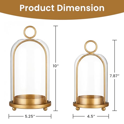 GYKLE Set of 2 Candle Lantern Set - Vintage Brass Candle Holders with Thick Glass Domes (5.25"x10" & 4.5"x7.87"), Perfect for Pillar Candles, Floral Arrangements, and Vintage Home Accents