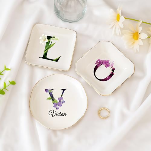 Custom Ceramic Ring Dish, Personalized Jewelry Tray with Initial, Earrings Necklaces Bracelet Watch Keys Trinket Holder for Nightstand, Mothers Day Bridesmaid Bestie Gift for Women - color: Initial & Name