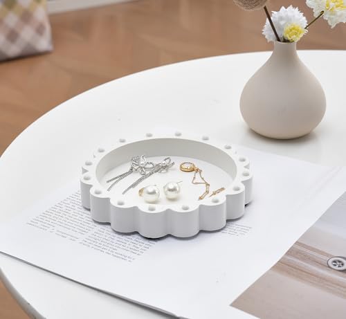 Aotea Crafts - Beaded Scalloped Jewelry Dish Tray Plate - Modern Aesthetic Ring Dish - Concrete Handcrafted Trinket Tray - Smooth Texture - Ivory White - 6.3 inch