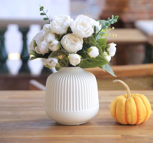 Matte White Vases Home Decor Stripe Centerpieces Modern Boho Ceramic Set of 2 for Flowers Pampas Grass Table Mantle Kitchen Porcelain
