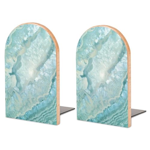 Wooden Bookends 2 Pcs,Pastel and Teal Agate Heavy Duty Office Book Ends Anti Slip Book Shelf Holder with Metal Base Decorative Book Stands - color: Pastel and Teal Agate
