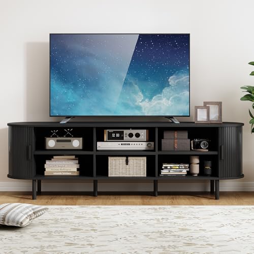 70.8" TV Stand with Power Outlet, Mid-Century Modern Television Stand, Fluted Media Console with Sliding Doors, Entertainment Center for TVs up to 60 Inch, Adjustable Shelves, Black - color: Black, size: 70.8 Inch