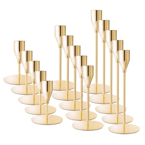 French Gold Taper Candle Holders for Wedding Table Centerpiece,Tall Taper Candlestick Holders Bulk Set of 15,Metal Candle Stick Holders for Dinning or Mantel Centerpiece,Party Home Decor - color: French Gold, size: Set of 15