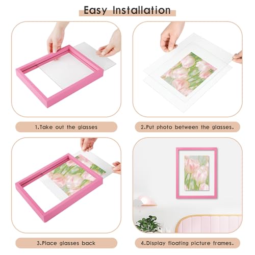 MUYE 10x10 Floating Frame Set of 2,Double Real Glass Square Photo Frame,Display Any Size Photo up to 10x10,Wall Mount or Tabletop Standing,Pink - color: Pink, size: 10x10