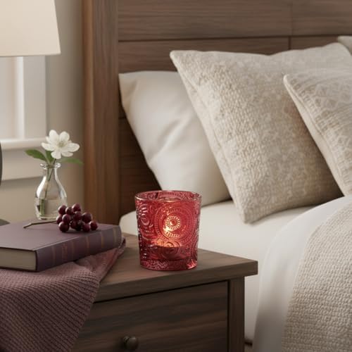 12 Pack Patented Sun Moon Star Embossed Glass Tea Light Candle Holders - Unique Votive Candle Holders for Wedding, Party, and Table Centerpieces (Wildberry Red) - color: Wildberry Red