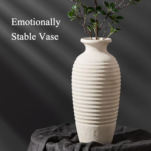 Vaseking Ceramic Natural Rustic Vase, 14.4 Inch Large Vintage Flower Threaded Decorative Farmhouse Tall Vase for Home Decor, Living Room, Shelf Decor, Wedding, Housewarming Gift, Off-White - color: Off-white, size: 14.4"