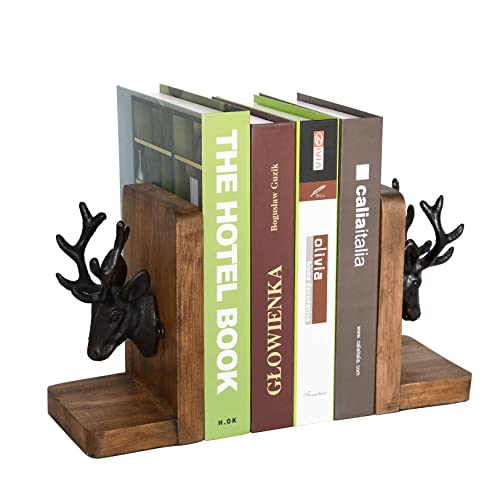 Vintage Cast Iron Deer Head & Antlers Design Decorative Elk Bookends for Shelves, Buck Book Holders, Reindeer Book Organizer, L-Shaped Wooden Desk Organizer, Heavy Duty Non-Skid Bookends (1 Pair) - color: Rustic Burnt