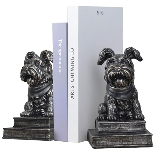 Vintage Antique Dog Bookends,Decorative Book Ends for Shelves,Creative Resin Schnauzer Statues Book Holders for Desk Home Office Bookshelf Decoration,Gifts for Dog Enthusiasts - color: Black
