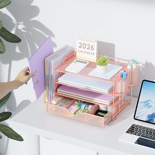 gianotter Desk Organizers and Accessories with File Holder, 4-Tier Desk Accessories & Workspace Organizers with Drawer and 2 Pen Holder, Paper Organizer for Office Supplies (Rose Gold) - color: Rose Gold