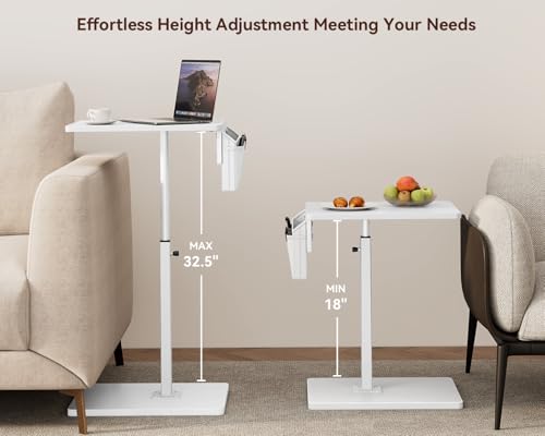Vagusicc Sofa Armrest Tray Table for Couch, 360° Swivel Height Adjustable TV Tray Table for Small Spaces, Snack Side Table for Couch, Bed, Chair, C Shaped End Side Table for Eating, Reading, Laptop - color: White, style: With Storage Bag